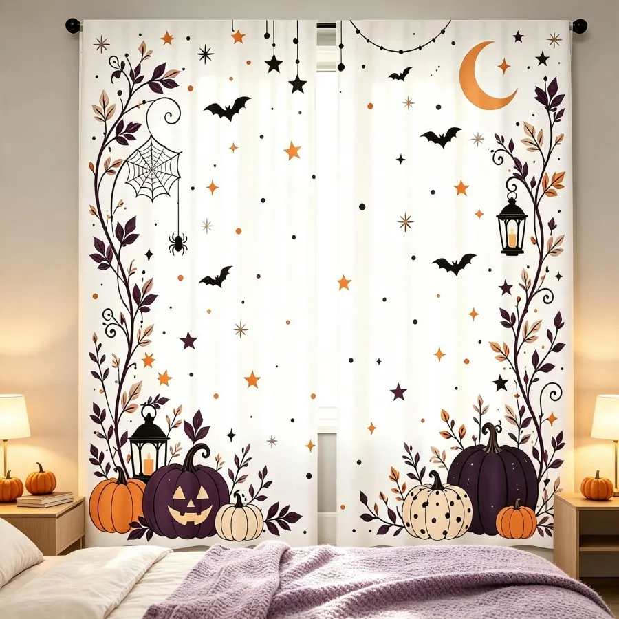 2PCS Digital Print Curtain, Halloween Pumpkins Bats Spider Web Moon Vines, Spooky Cute Style for Kids Bedroom Window Home Decor