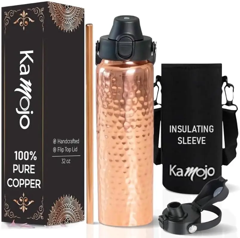 

Pure Copper Water Bottle with Push Button Lid, Straw & Sleeve - 32 oz Hammered Handcrafted Ayurvedic Drinking Cup