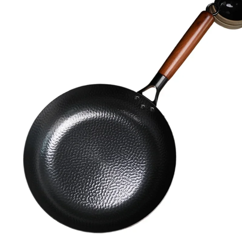 30cm Frying Pan Cast Iron Pan Uncoated Kitchen Cookware with Anti-scald Wooden Handle for Gas Stove Induction Cooker