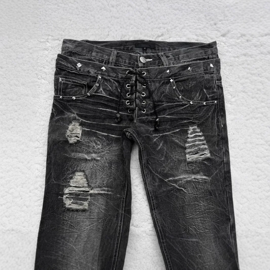 

Y2K Gothic Sle Flared Jeans Street Retro Waed Double Waist Head Denim Trendy Long Pants Spring Casual Low Waist Zipper