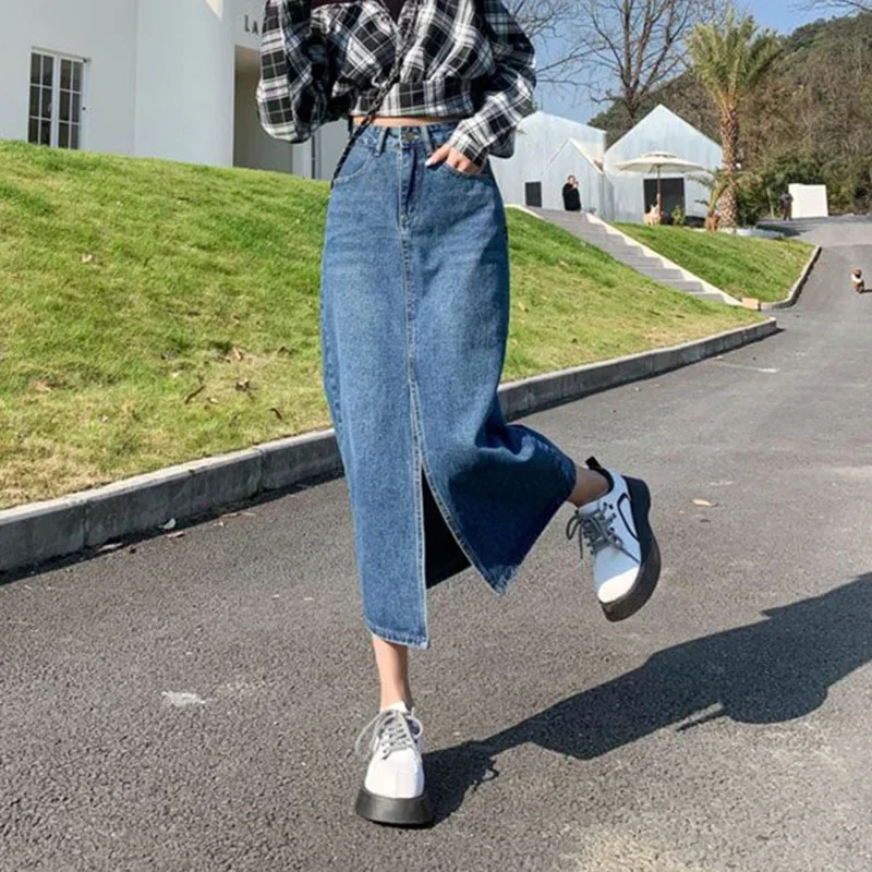 Female Classic Designer High Waist Jeans Skirt Girls Korean Slim Fit Mid-Long Dress Women Fashion A-line Slit Denim Skirts