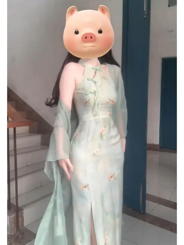 Vestido chino Cheongsam chi-pao mejorado, cárdigan de verano, ajustado, verde, cuello colgante, conjunto de dos piezas, 2023