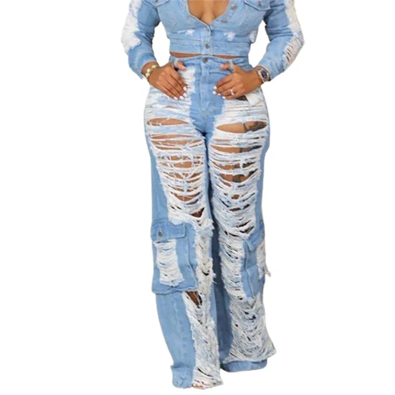 Trend Hollow Out Broken Holes Jeans Women Fashion Leg Patchwork Pocket Denim Pants Female High Waist Trousers Casual Streetwear