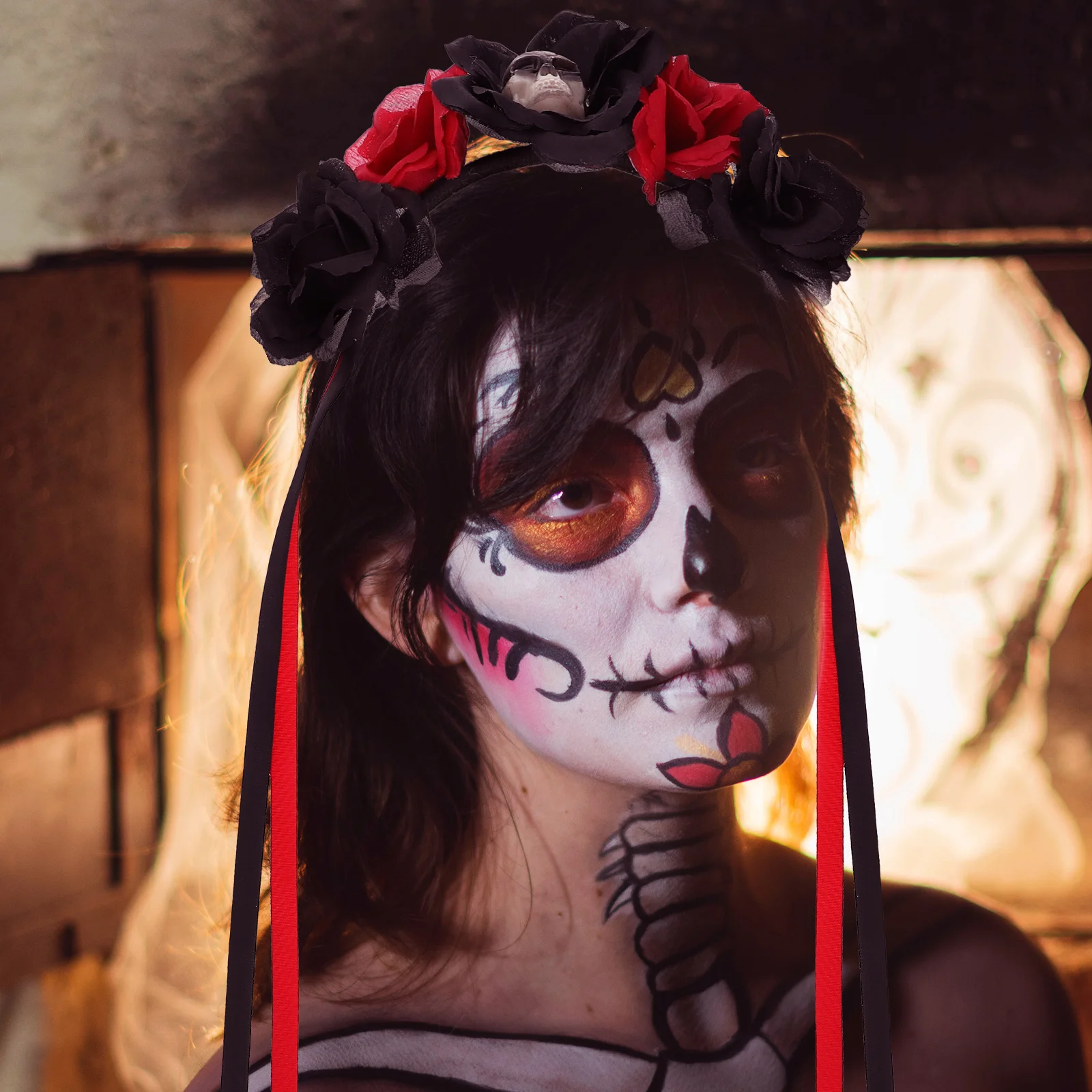 

Skull Headb Hair Decor Halloween Party Day of The Dead Rose Skulls Golden Color Festive Accessory Costume Stage Performance