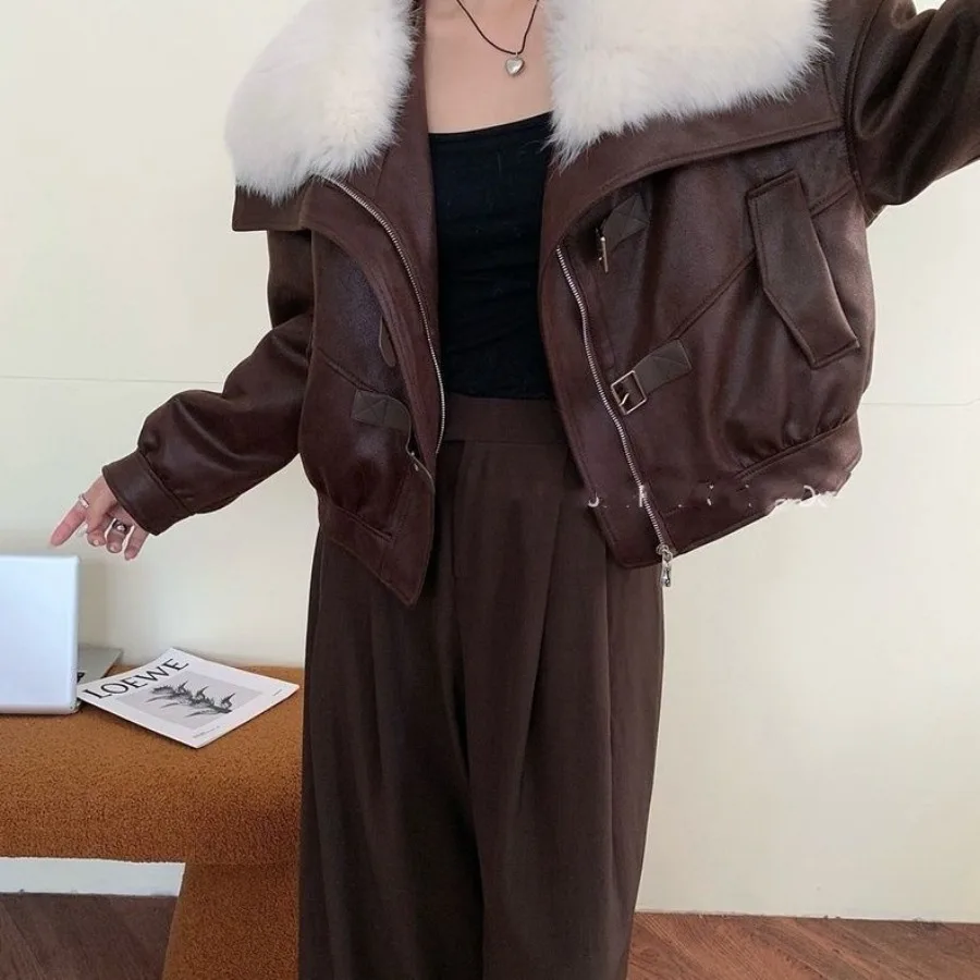 Autumn Winter Fur Collar Thick Warm Jacket Women Vintage Harajuku Parkas Faux Leather Coat Design High-end Outerwear Casual