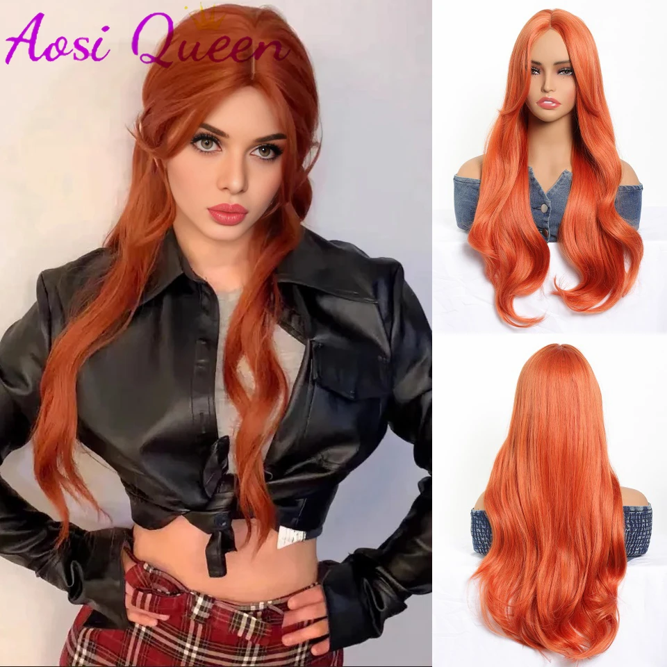 Aosi Dirty Orange Long Wavy Synthetic Wigs Middle Part Natural Wave Wig Heat Resistant Cosplay Party Daily Hair Wig for Women