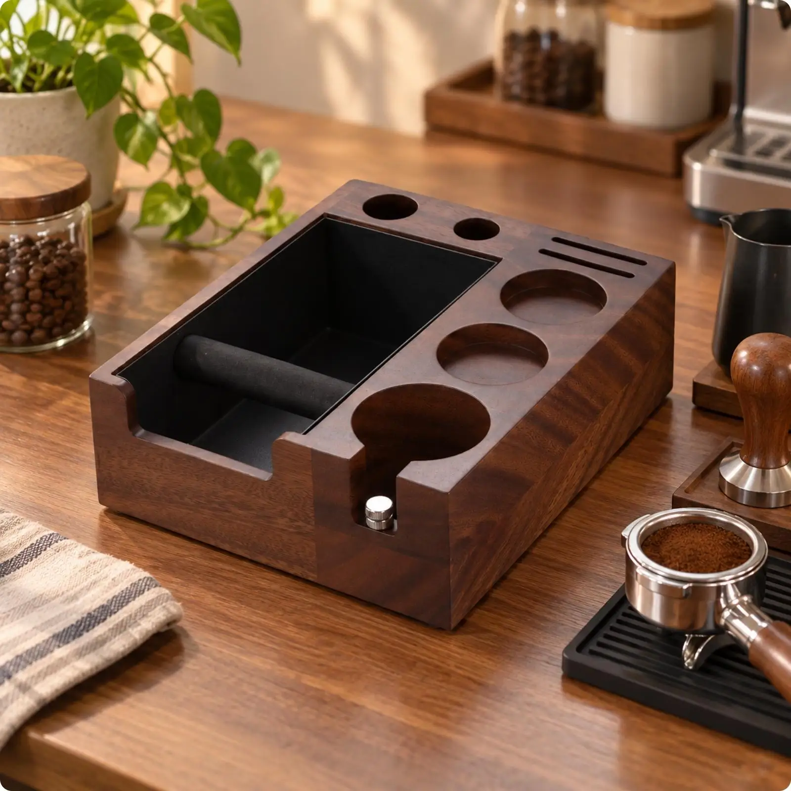 Espresso Coffee Knock Box Walnut Wooden Body Detachable Container 51 58mm Portafilter Support for Organized Coffee Station