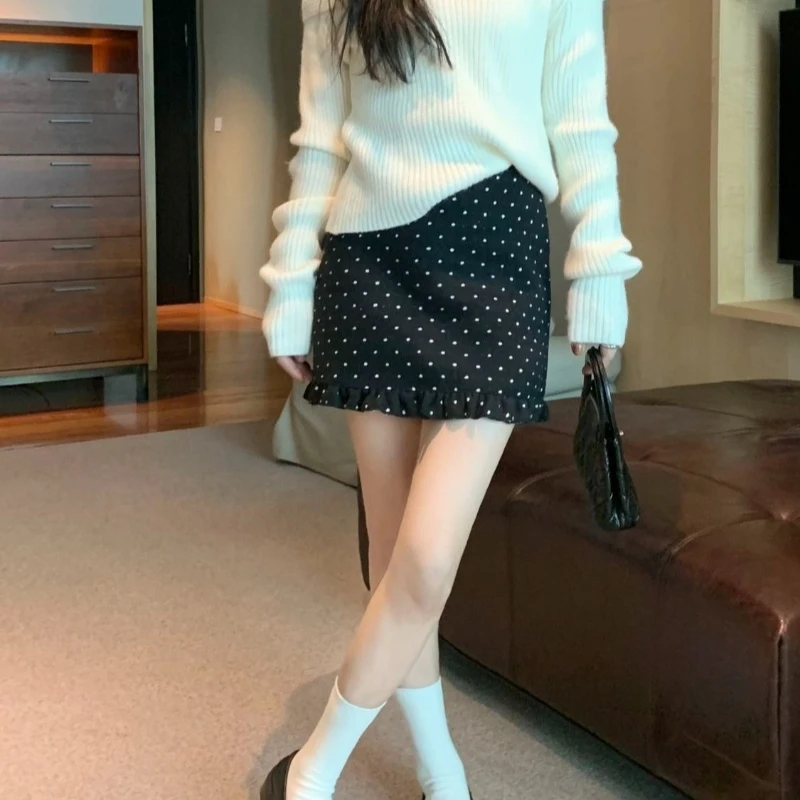 Mini Skirts Polka Dot Sweet Ruffles A-line Early Autumn Women Skirts Korean Fashion Vintage Versatile High Waist Faldas Mujer