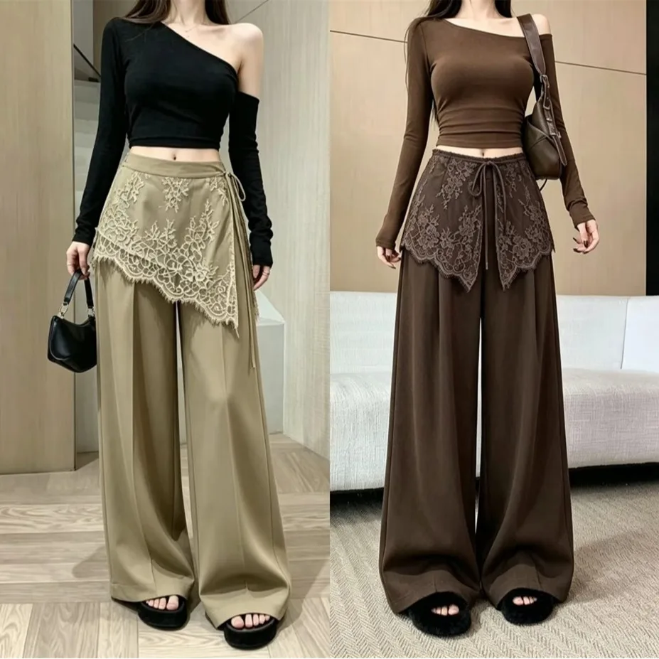Korean Style Lace Pleated Wide Leg Pants Women's Autumn Design Sensation High Waist Draping Straight Cut Casual Trousers
