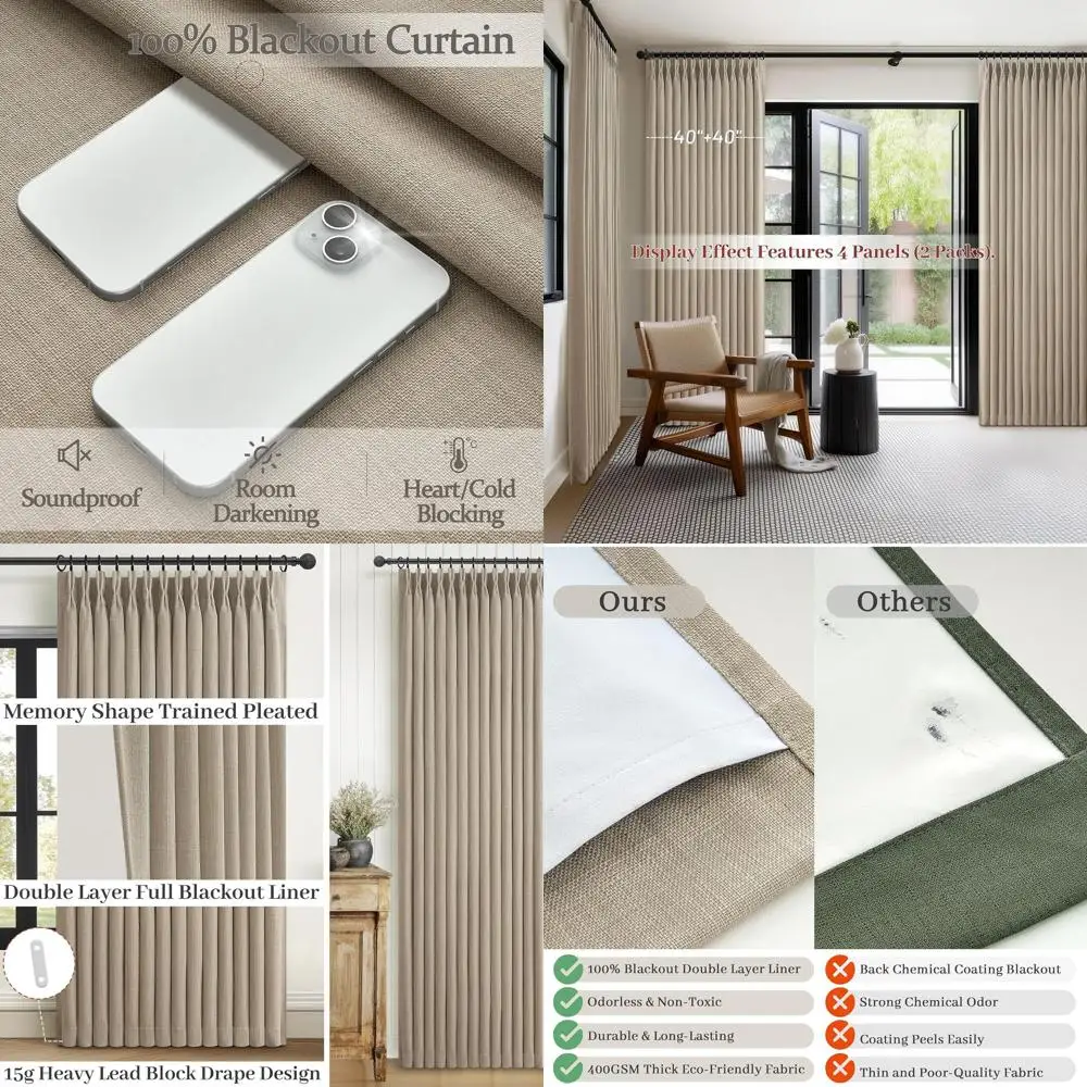 

Льняные плиссированные шторы для затемнения комнаты, 244 см в длину, цвет тауп, двойной слой для звукоизоляции, от пола до потолка, комплект из 2 панелей