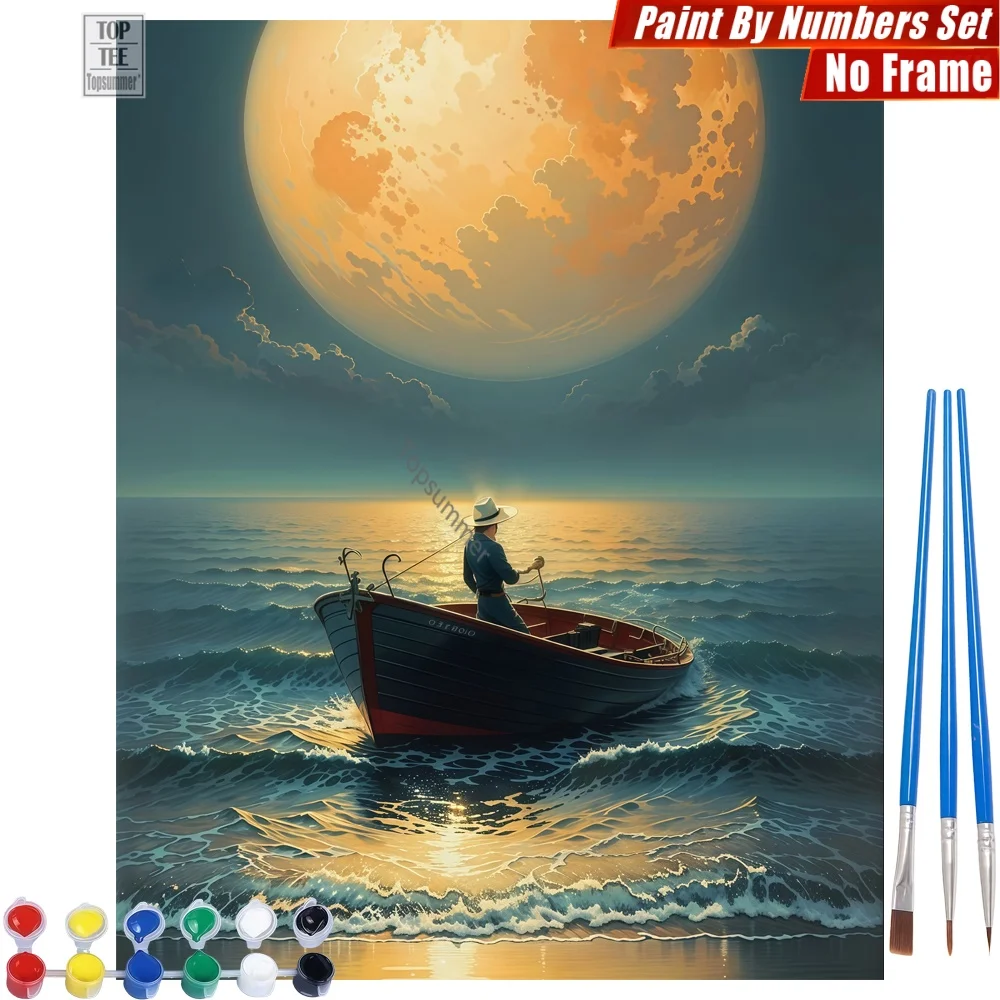 

Person Boat Moon DIY Digital Oil Paints Set - Person Boat Moonlight Canvas Wall Art Halloween Gift For Dad