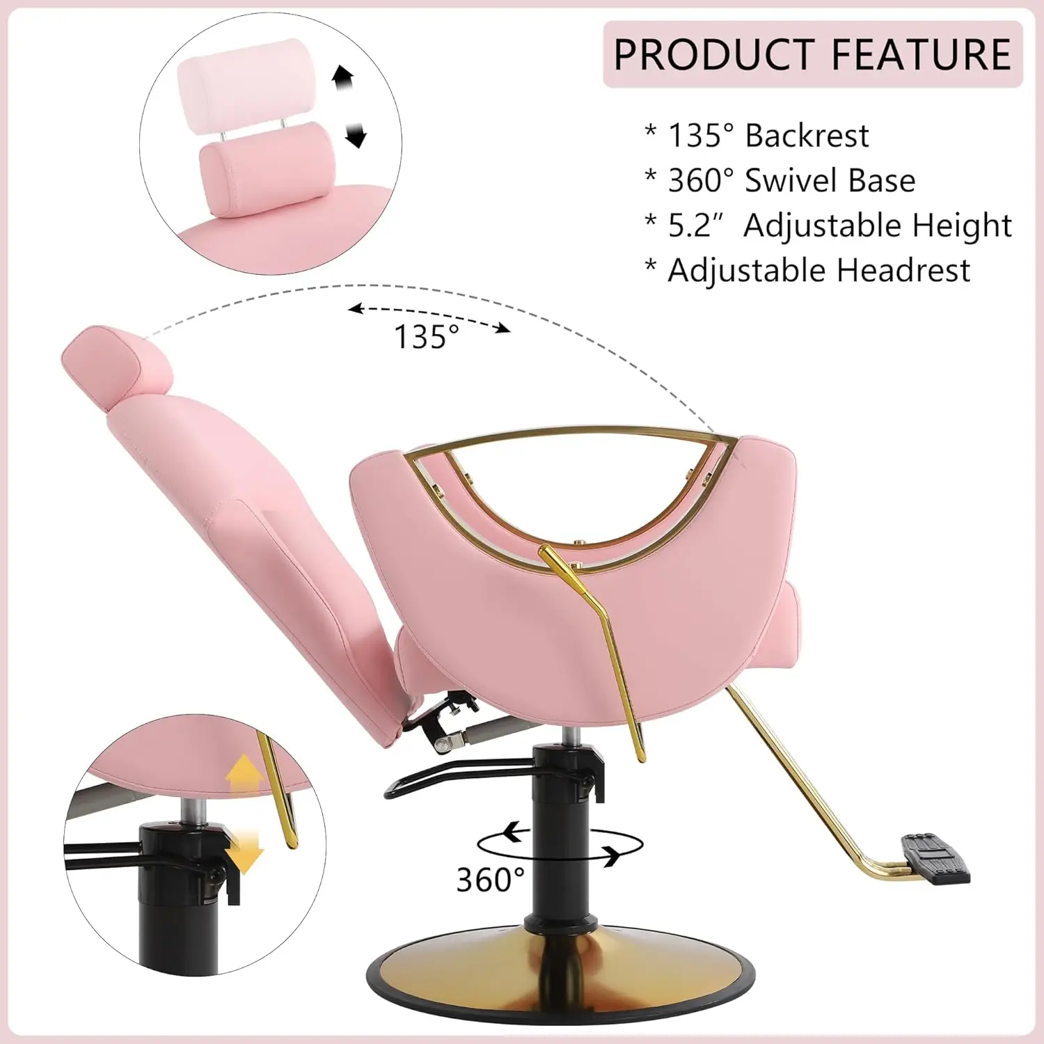 Silla de peluquero, silla de peluquería reclinable, silla de peinado giratoria de 360 grados, silla de champú hidráulica de altura ajustable