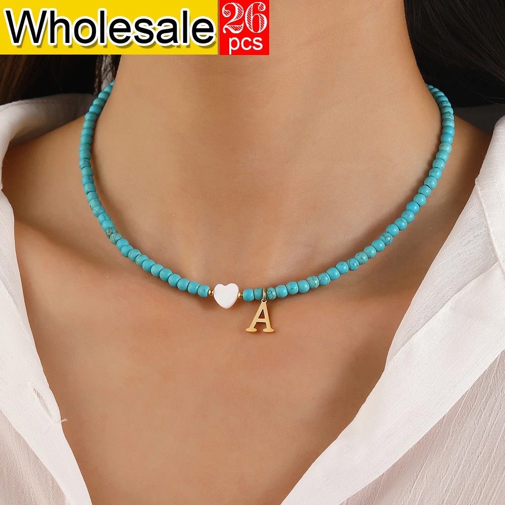 

26PCS Summer Short Necklace Bohemian Heart shaped Natural Shell A-Z Initial Pendant Small Blue Beach Women's Necklace Wholesale