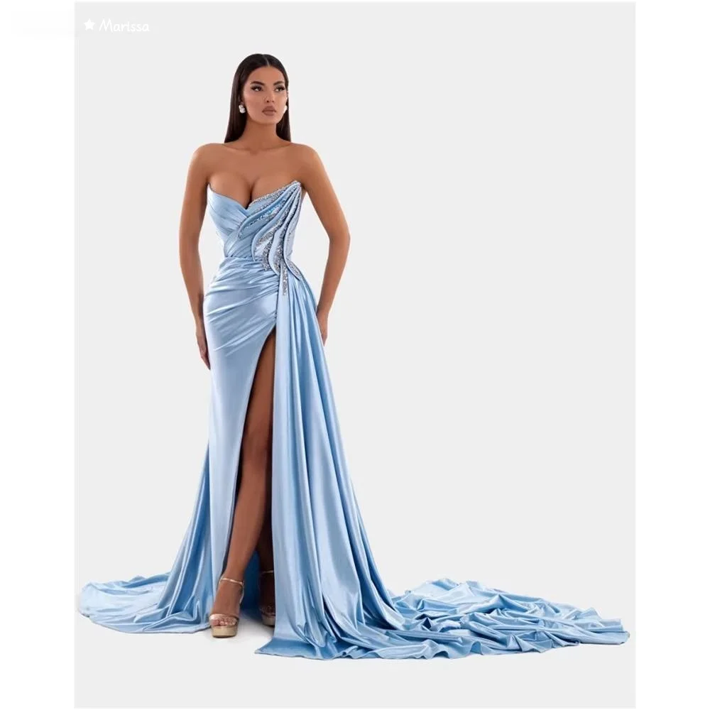

Marissa Women's Prom Dress 2025 Slit Long Tail Cocktail Dresses for Special Occasions Custom Made Gloss Satin Elegant Blue Party