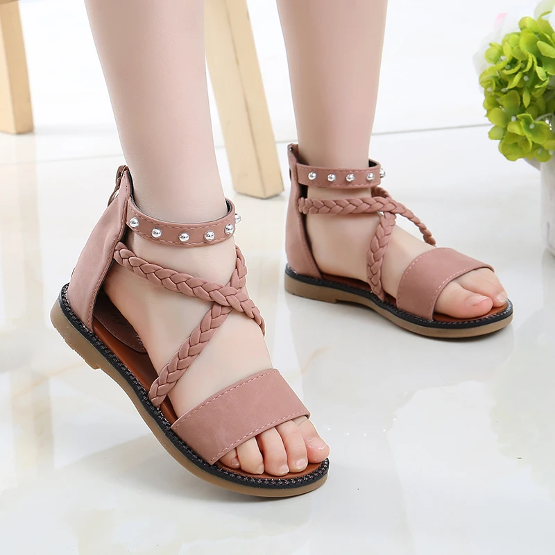 Princess Summer Sandals Fashion Rivets Elegant Girls Weave Braid Party Flats Heels Soft Leather Shoe Kids Elegant Beach Sandal