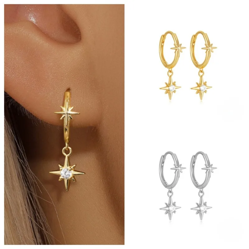 Eight pointed star copper studded diamond earrings,high-end temperament ear buckle earrings, fashionable jewelry gifts for women