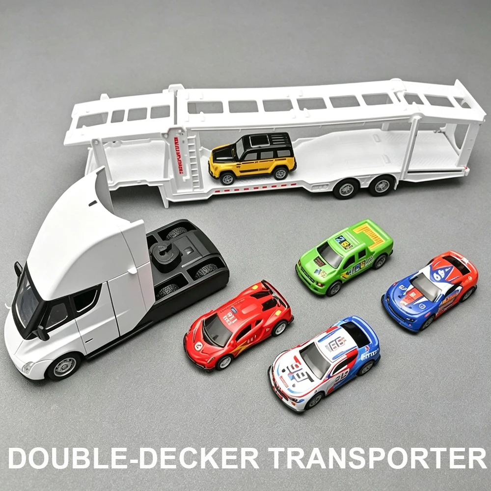 1:32 Scale Double-decker Transporter Car Model Toy Doors Opened Front Wheel Steer Models Pull Back Vehicle for Friends Surprise