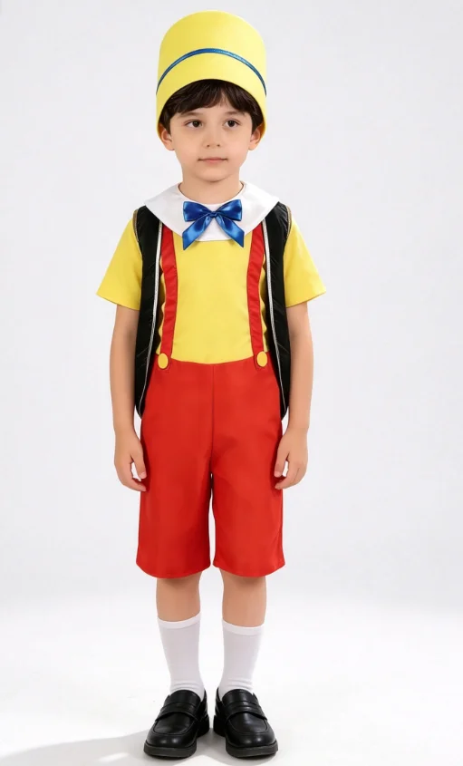 Conjunto de Disfraz de Personaje de Dibujos Animados de Colores Brillantes para Niños con Sombrero Alto Amarillo y Corbata Azul