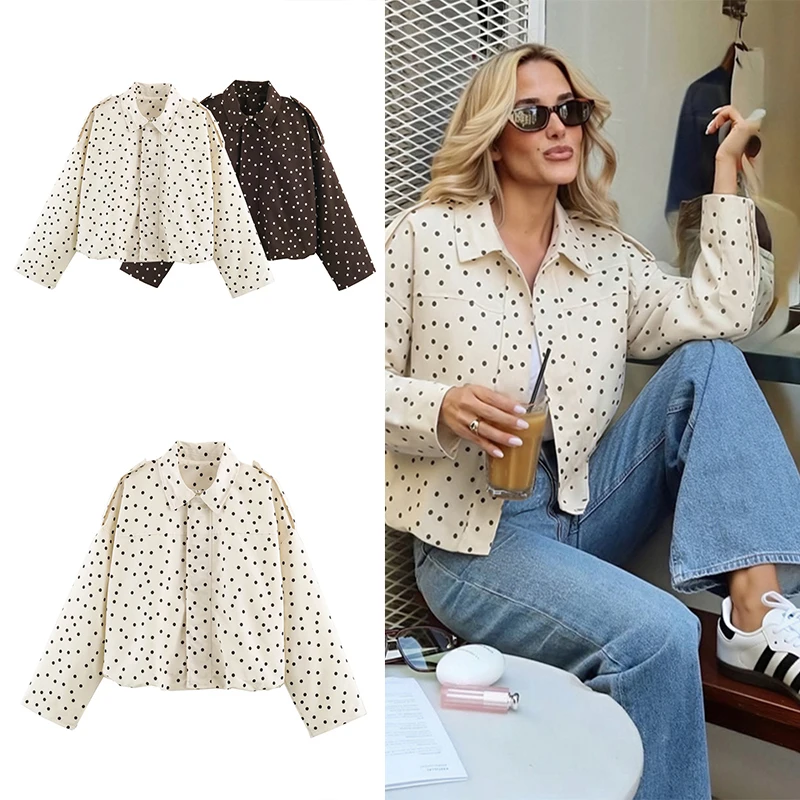 Guobioziy 2026 Autumn Retro Brown Polka Dot Women Short Trench Coat Lapel Collar Loose Drop Shoulder Daily Outer Jacket