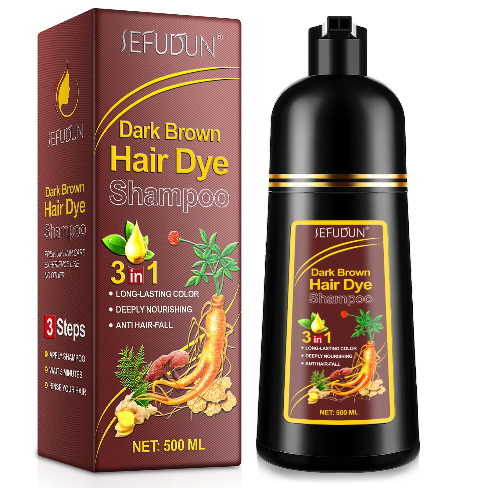 염색약 3 in 1 Hair Color Shampoo Natural Herbal Hair Dye Shampoo for Gary Hair Dark Brown Black for Women  Men Grey Coverage 500ML