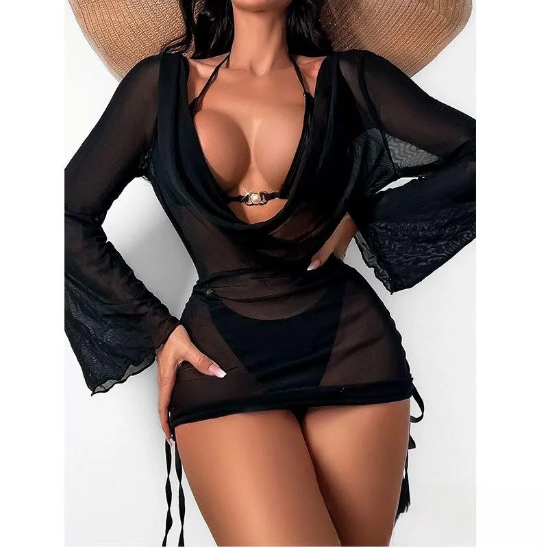 

Women's Sunscreen Swimsuit Pearl Lace-Up Long irt Split Design Swimming Costume with Chest Pad No Steel Support