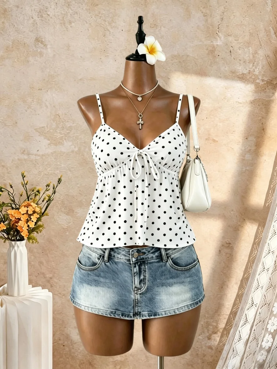 Damen V-Ausschnitt Spaghettiträger-Top mit Knoten vorne, geraffter Taille und ausgestelltem Peplum-Saum, Sommer 2026, Y2K, einfarbig Schwarz, lässig für Strandurlaub – Detail 2