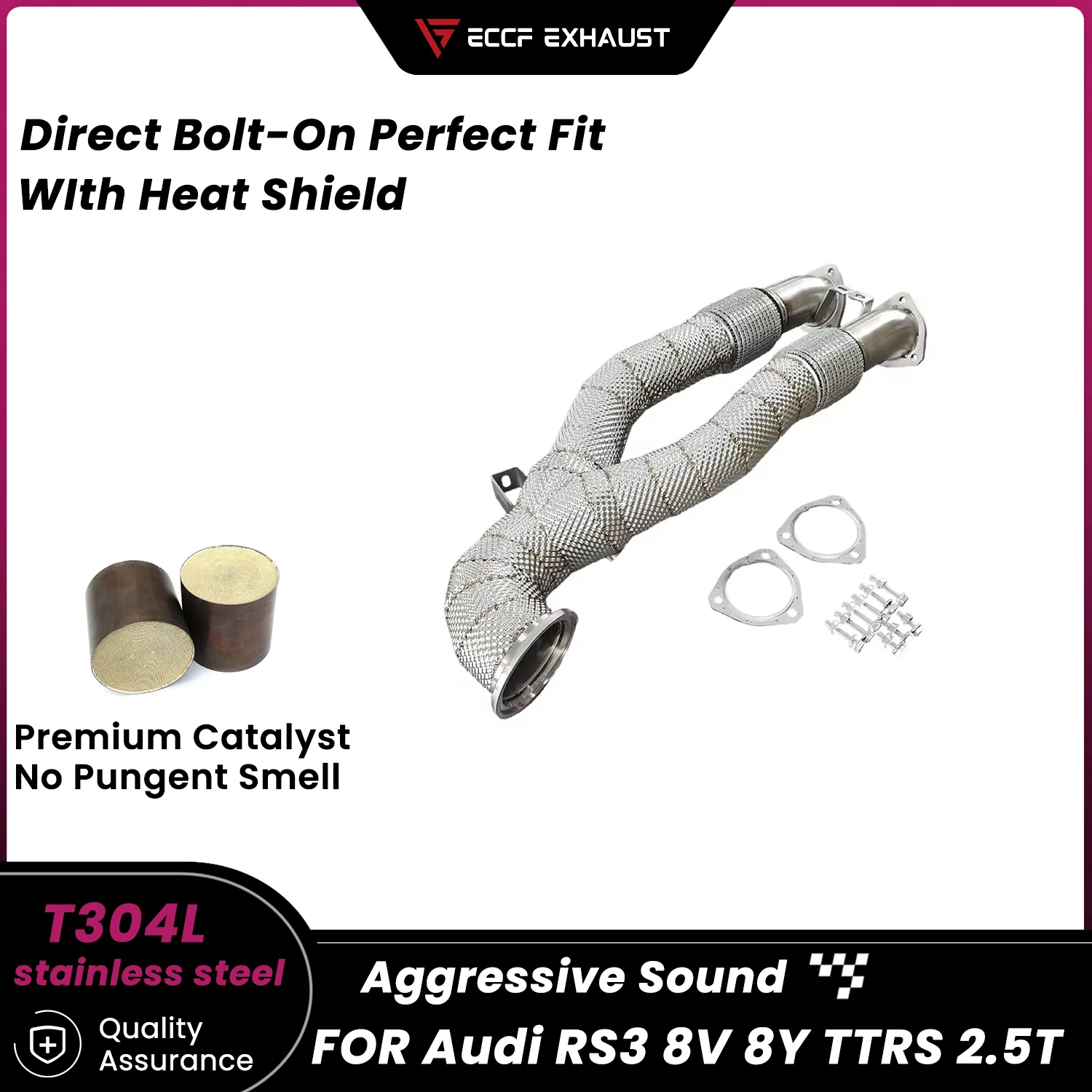 

Stainless Steel Downpipe With Heat Shield For Audi RS3 8V 8Y TTRS 2.5T Aggressive Exhaust Sound High Flow Performance Upgrade