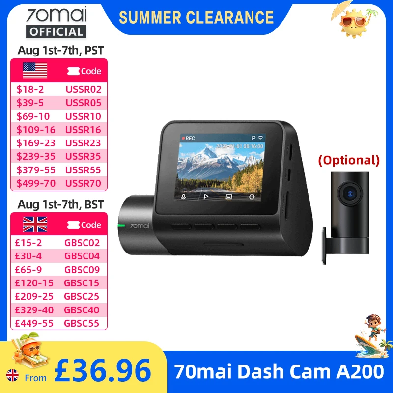 70mai A200 Dual Dash Cam 1080P HDR with 24H Parking Monitor & Night Vision