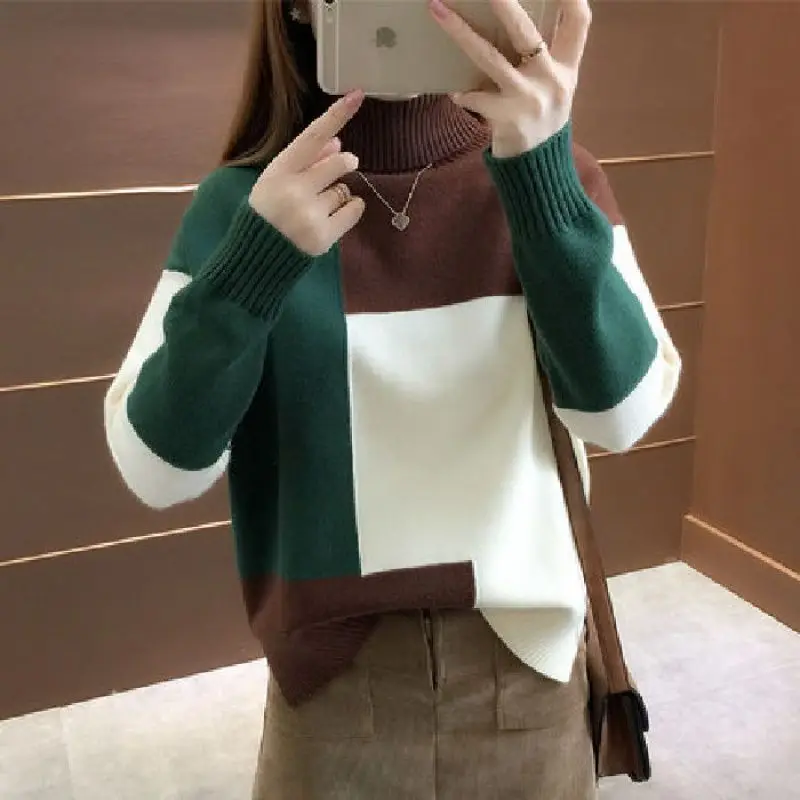 New Knitting Contrast Vintage Pullovers Top Autumn Winter Long Sleeve All-match Casual Sweaters Fashion Elegant Women Clothing