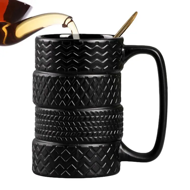 3D Car Tire Ceramic Mug Unique 400ml Novelty Gift, Black Frosted Design for Cool Coffee and Tea Moments Large and Distinctive