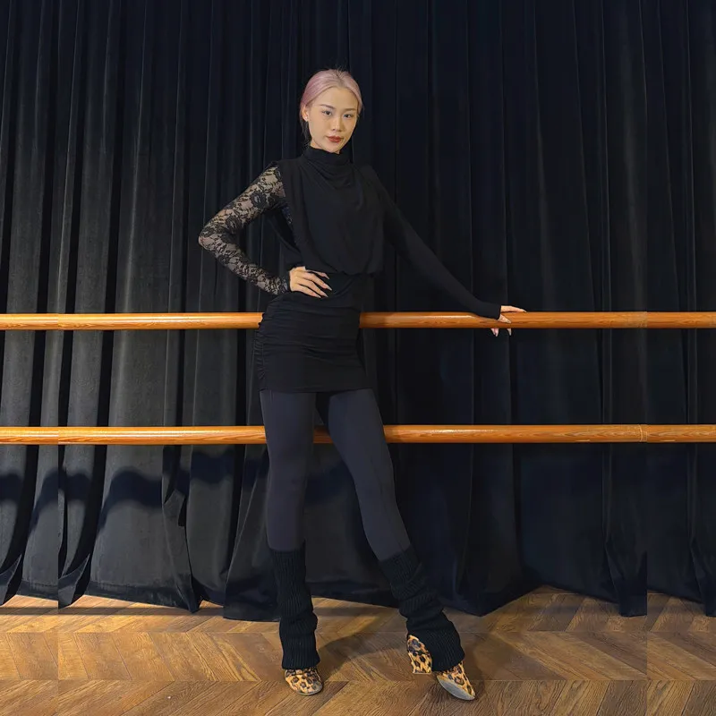 

Black Lace Latin Dance Dress High Collar Long Sleeves Practice Dress Women Rumba Tango Dance Clothes Competition Dress SS1143