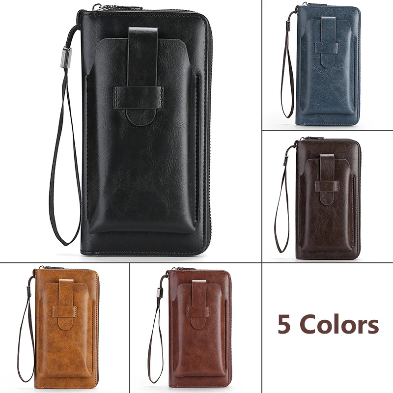 Men Unisex Pu Leather Cell Phone Purse Wallet Handbag Wristlet Pouch Card Bag Business Zipper Multi-Function Purse