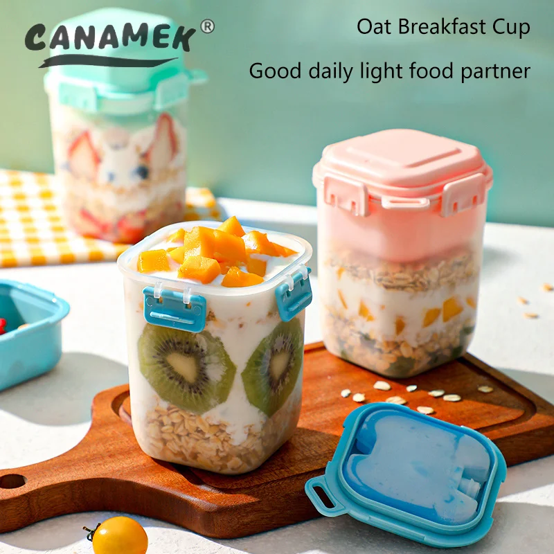 Portable Bilayer Salad Cup Breakfast Plastic Cup With Spoon Detachable Ice Box Seal Preservation For Storing Milk Fruits Oatmeal