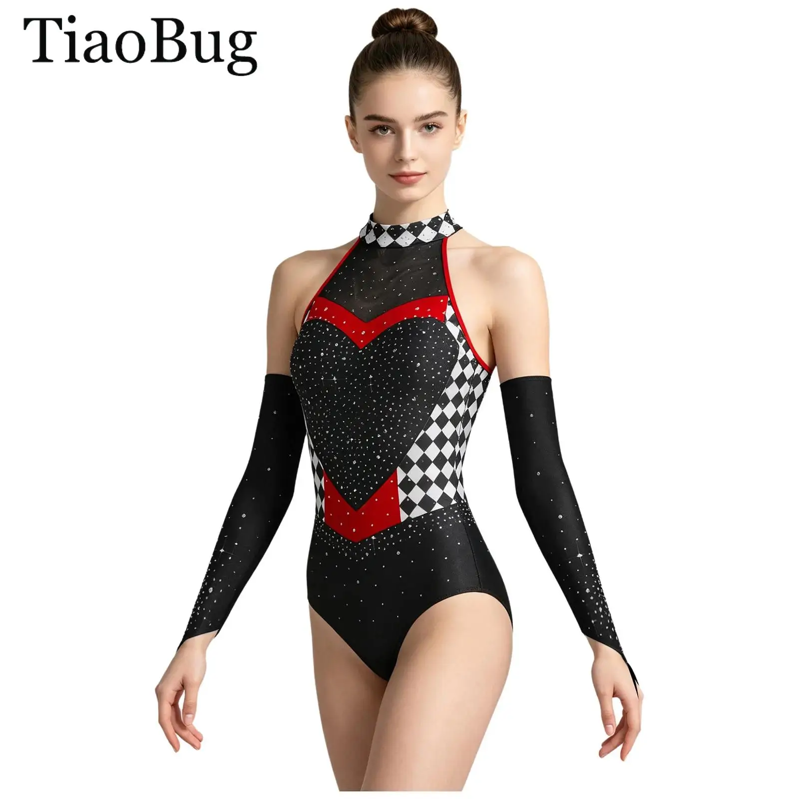 Women Circus Clown Jumpsuit Halloween Queen Cosplay Bodysuit with Gloves Halter Rhinestone Checkerboard Gym Ballet Dance Leotard