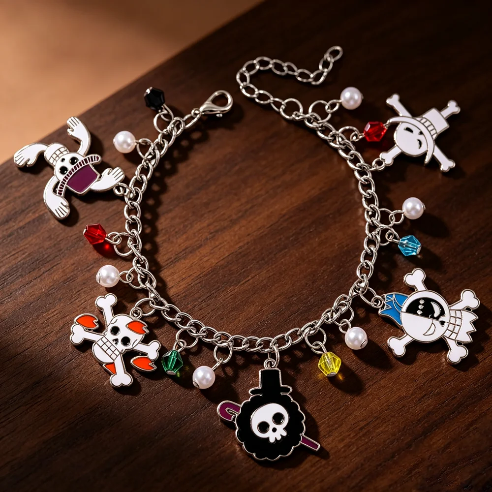 Anime Fashion Cool Bracelet Straw Hat Crew Skull Enamel Pendant Silver Chain Pearl Crystal Beads Wrist Jewelry Cosplay Fan Gift