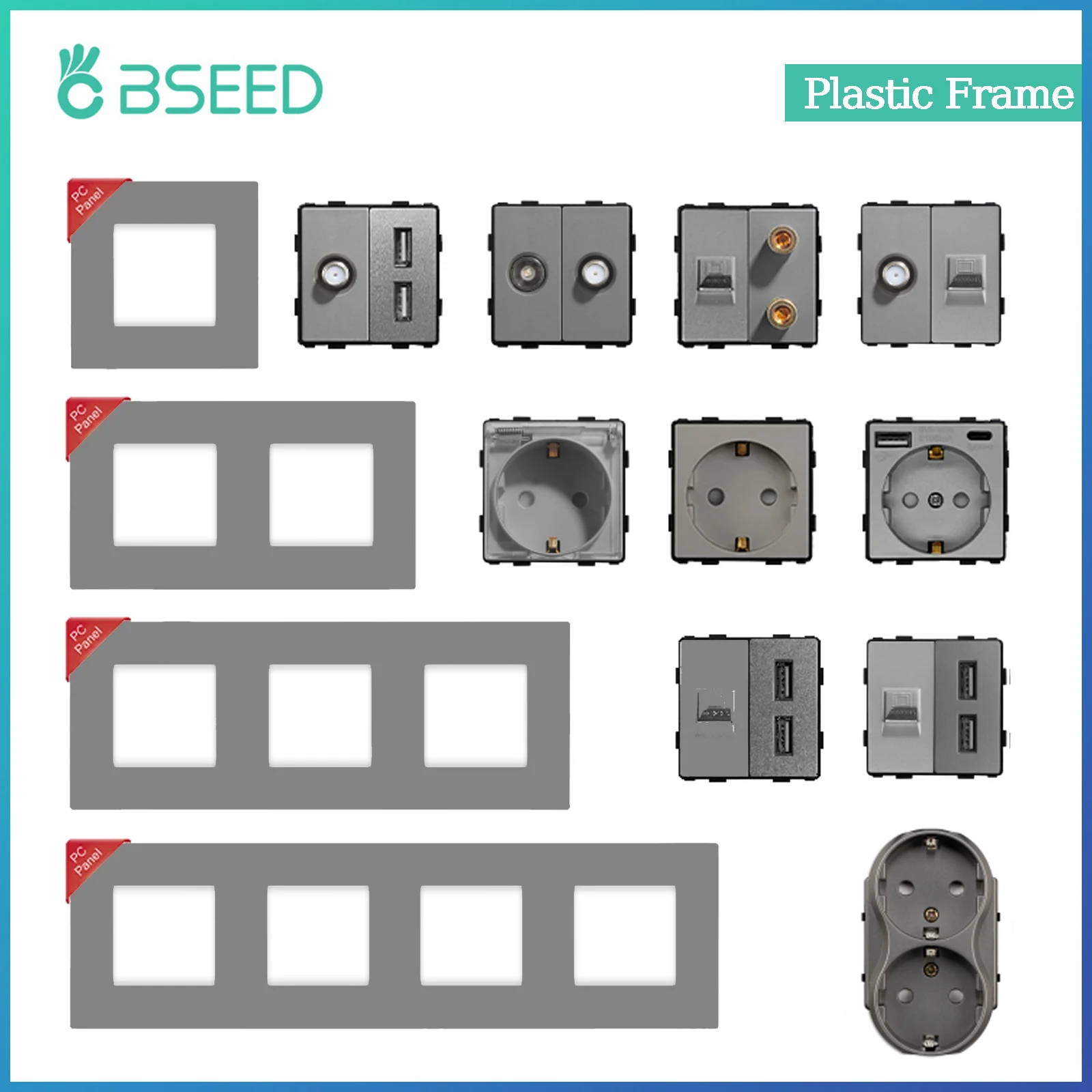 BSEED Wall Switch Panel Part Dual USB Socket TV Internet RJ45 Satellite Function Parts EU Socket DIY Part Only Free Combination