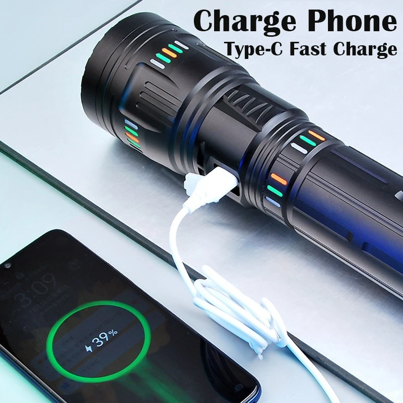 Powerful 100W LED Flashlight Long Range 5000m Charging Zoom Emergency Flashlight Outdoor Flashlight WIth Glow Display Function