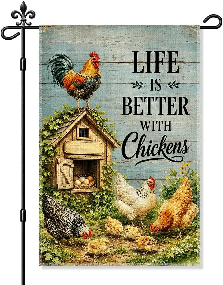 Life Is Better With Chickens Garden Flag, Humorous Farm Rooster Coop Yard Flag for Outside, Rustic Hen Farmhouse Decor, Chic llp