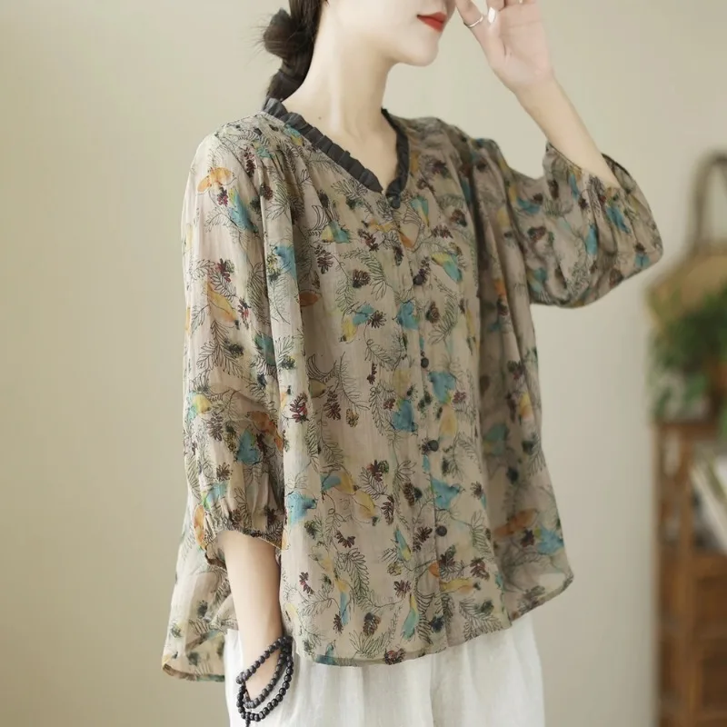 

Women Retro Floral Print Linen Blouse V Neck Loose 3/4 Sleeve Casual Shirt