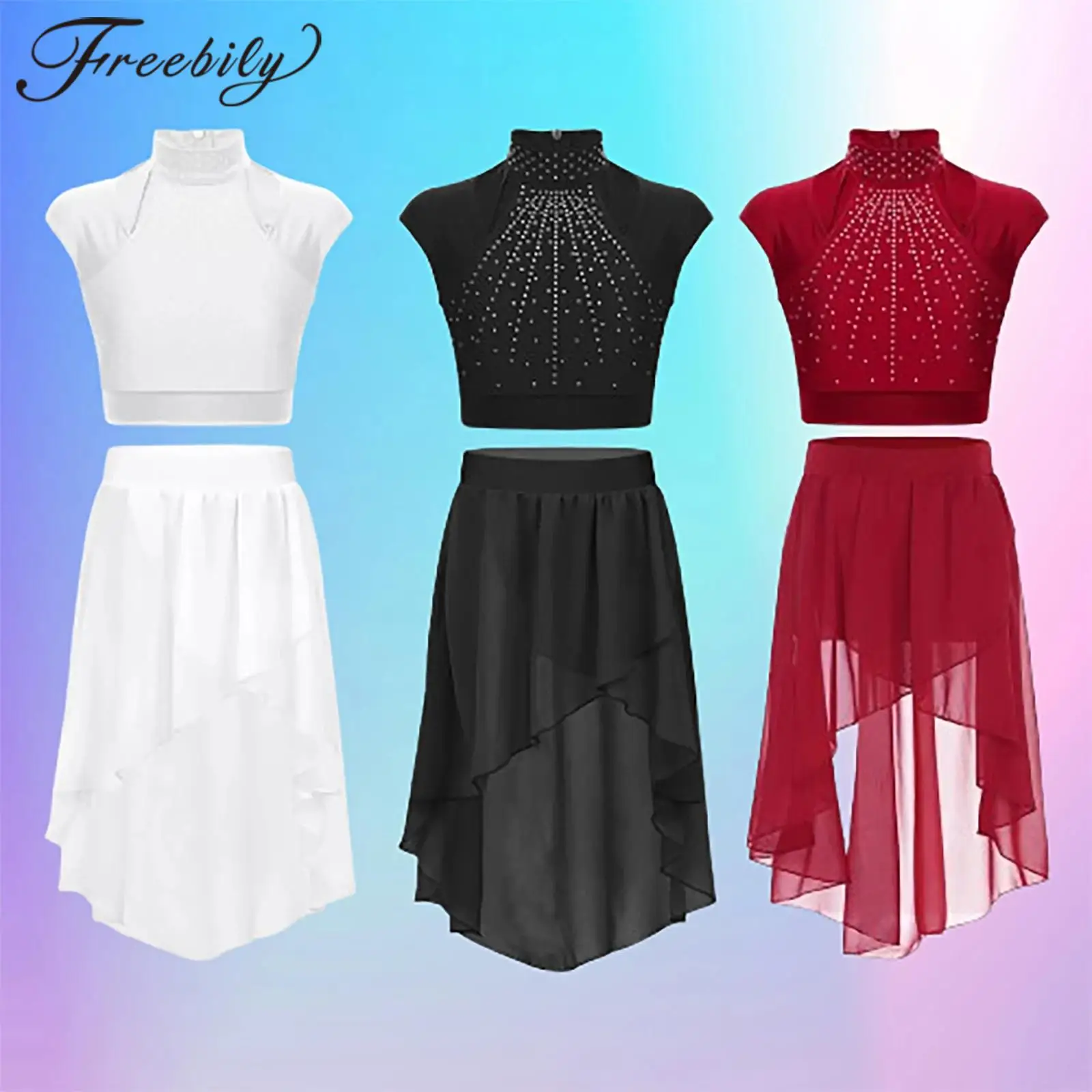 

Children Girl Modern Lyrical Dance Costume Figure Skating Gymnastics Outfit Crop Top Chiffon Skirt 2pcs Skating Ballroom Outfit