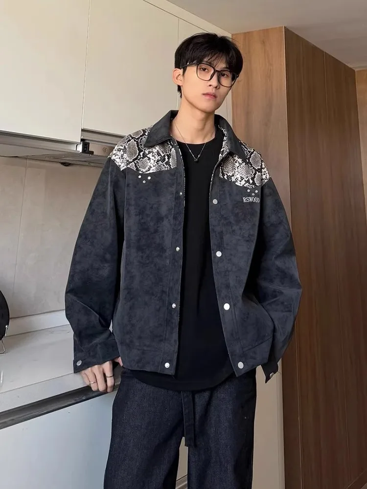 

Snake Skin Pattern Patchwork Jaet Men's Spring Autumn American Retro High Glossin Cool Motorcycle Clothes Loose Fit Anti...