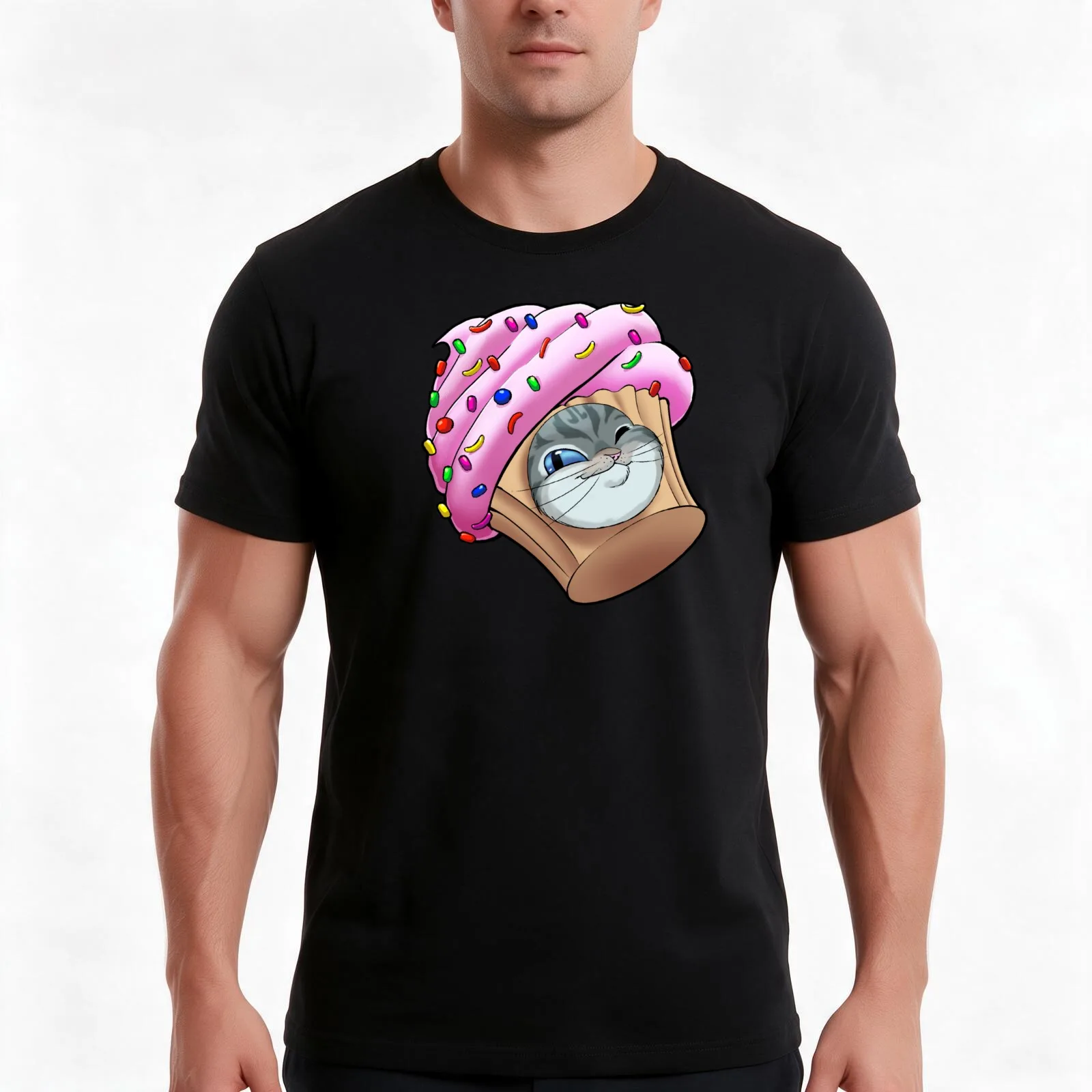 Cupcake Cat T-Shirt, Summer Casual Cotton Tee, Oversized Streetwear Tops, Vintage Graphic Print, Loose Fit Short Sleeve