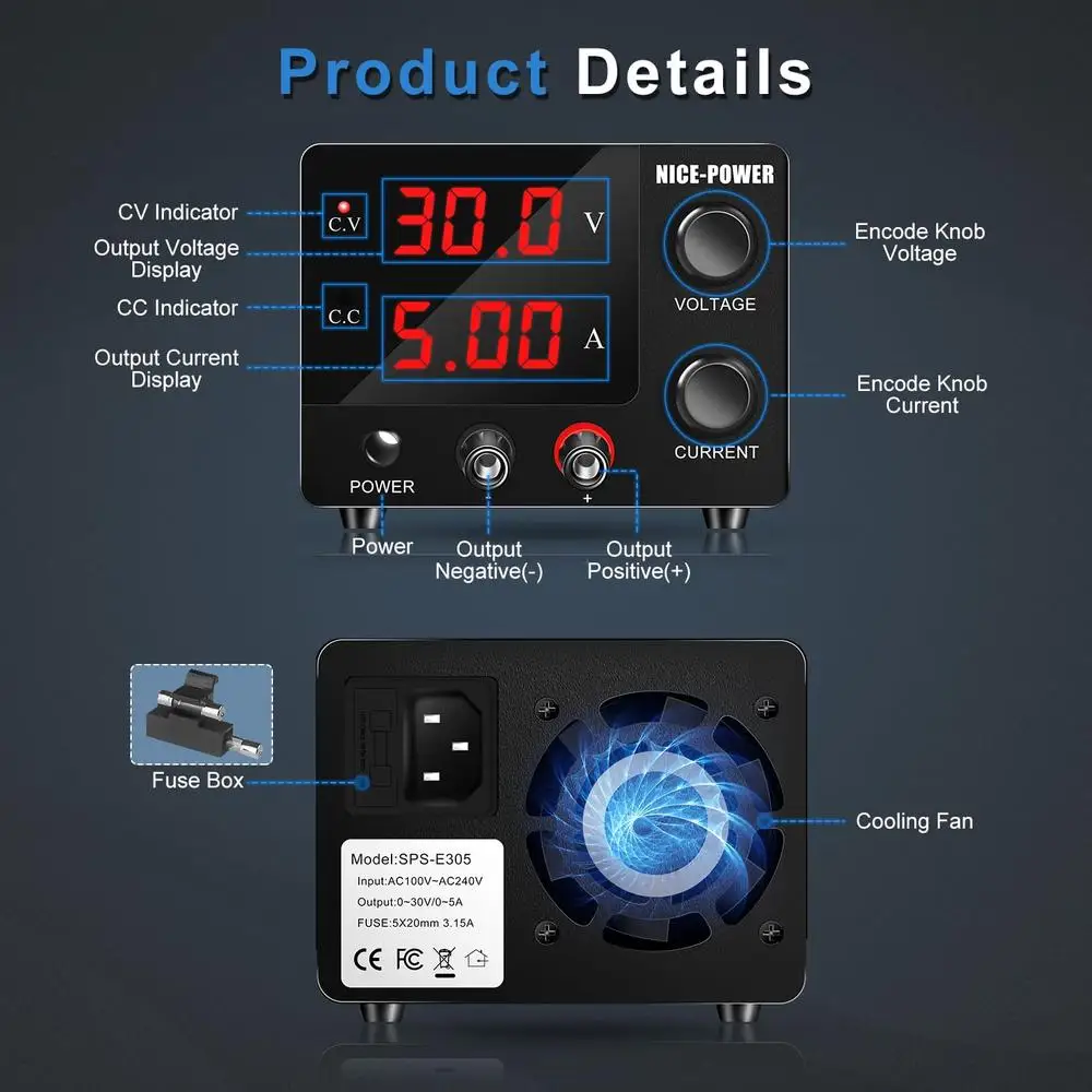 Adjustable 30V 5A DC Power Supply with Encoder Switch 3-Digits LED Display Compact and Reliable Mini Power Supply Lab and DIY