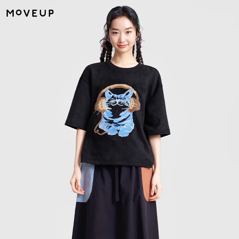 

MOVEUP Suede Mid-Sleeve T-shirts 2026 Spring Round Neck Fun Embroidered Tees Loose Casual Short T-Shirt for Women 3ELC10570