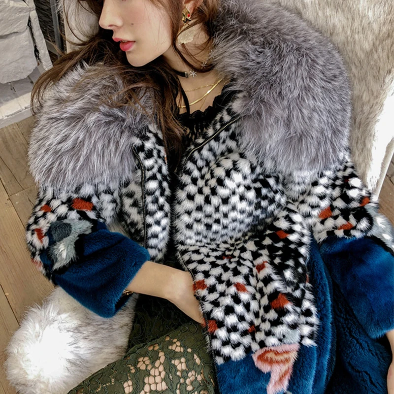 Ftangaiur Winter Import Velvet Mink Fur Coat With Fox Fur Collar Plaid Print Mink Coat Women Long Natural Real Mink Fur Coats