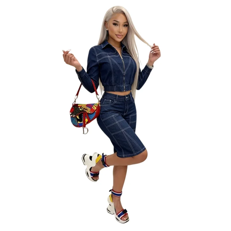 Damen-Denim-2-Teiler-Outfit mit Kontrastnähten, Reißverschluss-Crop-Jacke, hochtaillierter knielanger geradem Hosen, Y2K-Streetwear-Matching-Set – Detail 4