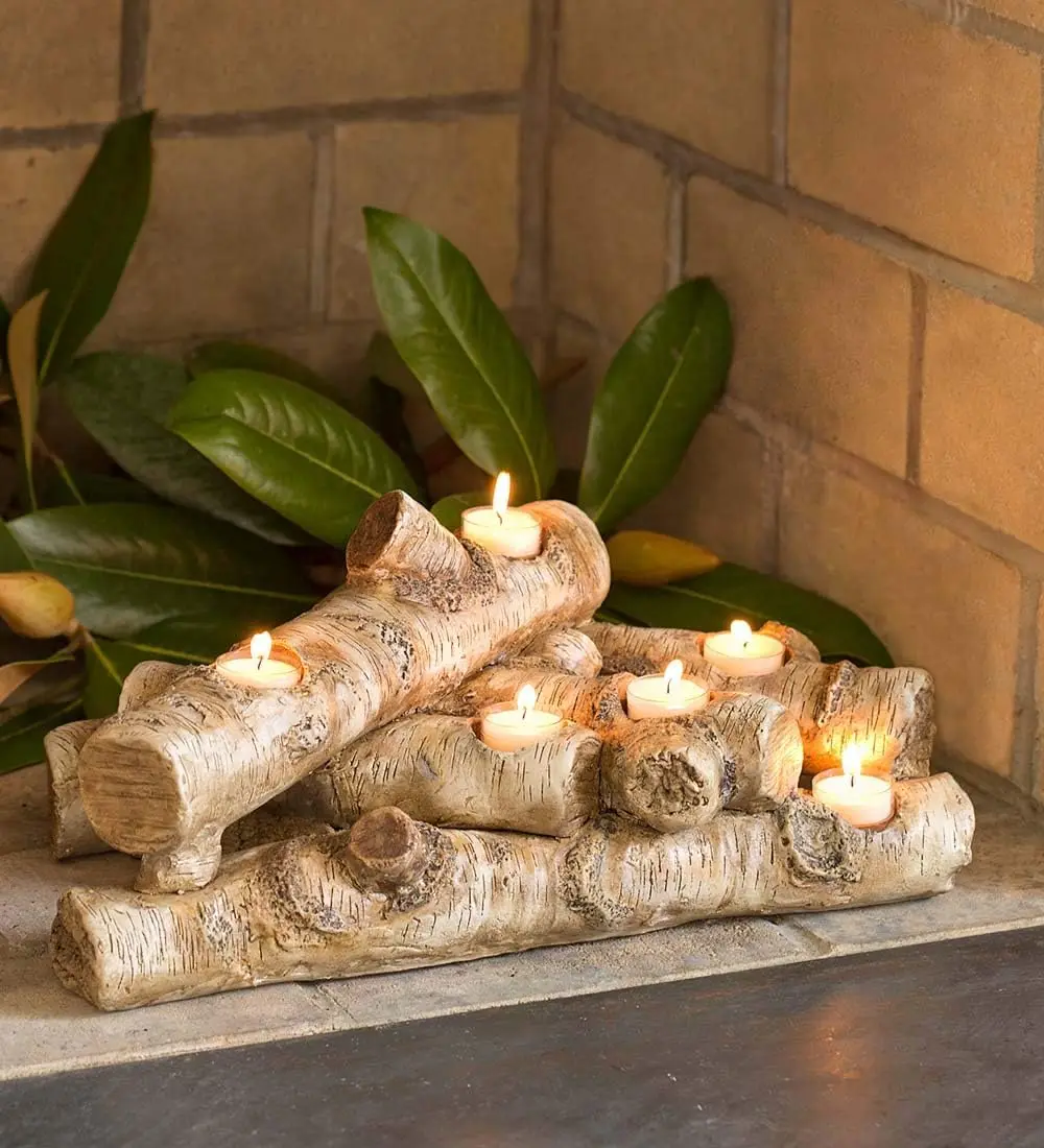 Plow & Hearth Faux Birch Wood Resin Logs Candle Holder for Fireplace | Romantic Ambiance Without Heat or Mess | Holds 8 Tea Ligh