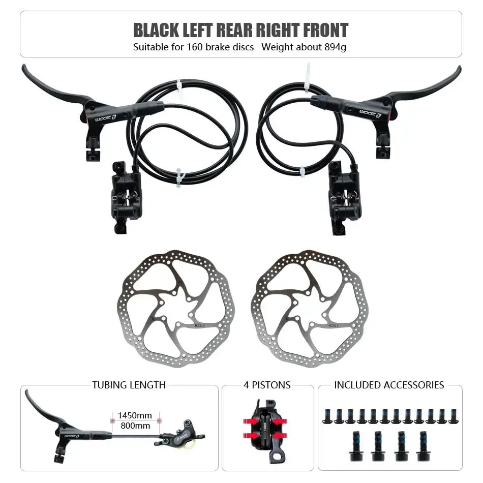 Zoom HB-876 4 Zuiger Opvouwbare Mountainbike Schijf Hydraulische Rem Set Voor 800 Achter 1400 Mm Mtb Fiets Kramp Rode Fietsonderdelen