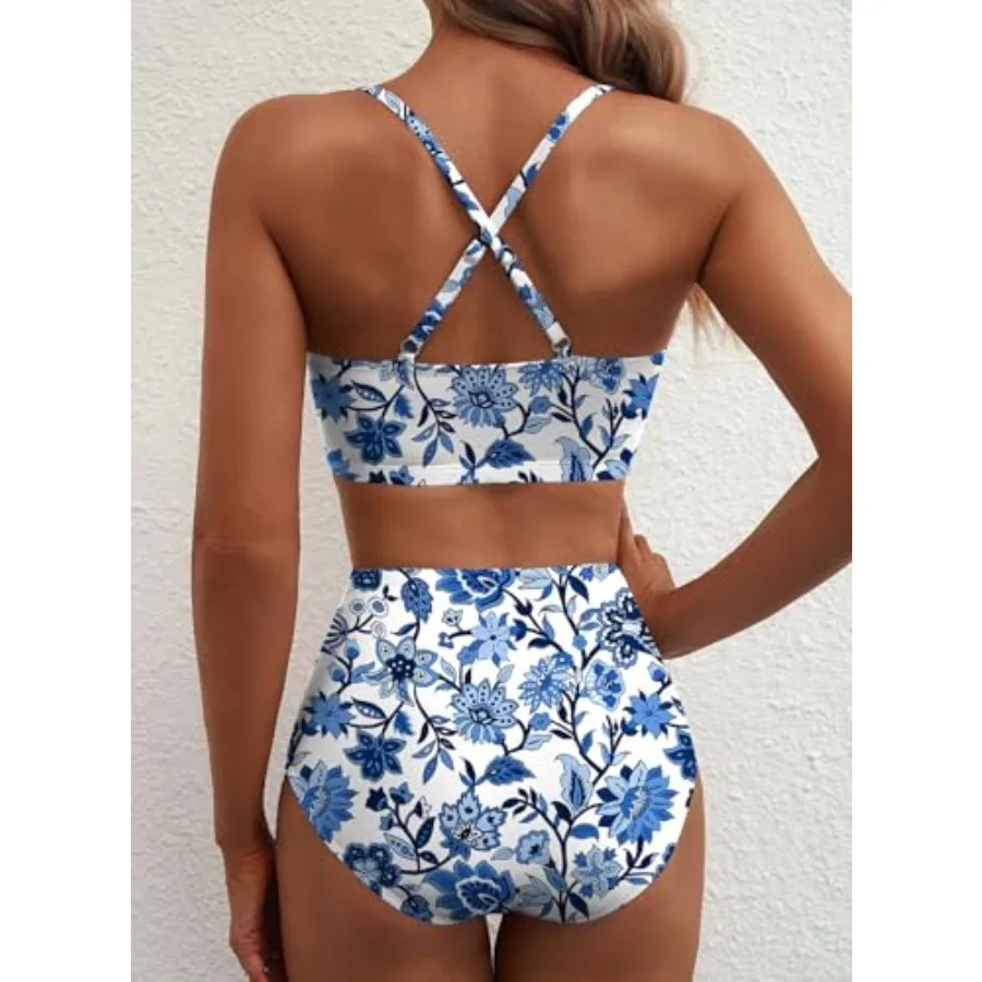 

Herseas Womens 2 Pcs High Waisted U Wire Bikini Set Floral Print Swimsuit Crisscross Back Bathing Suit Beach Swimwear