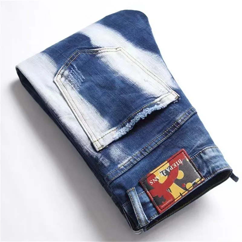 EH·MD® Painted Fingerprint Jeans Men Broken Holes High Elastic Slim Fit Feet Zipper Leather Label Speckle Wrinkle Scraping White
